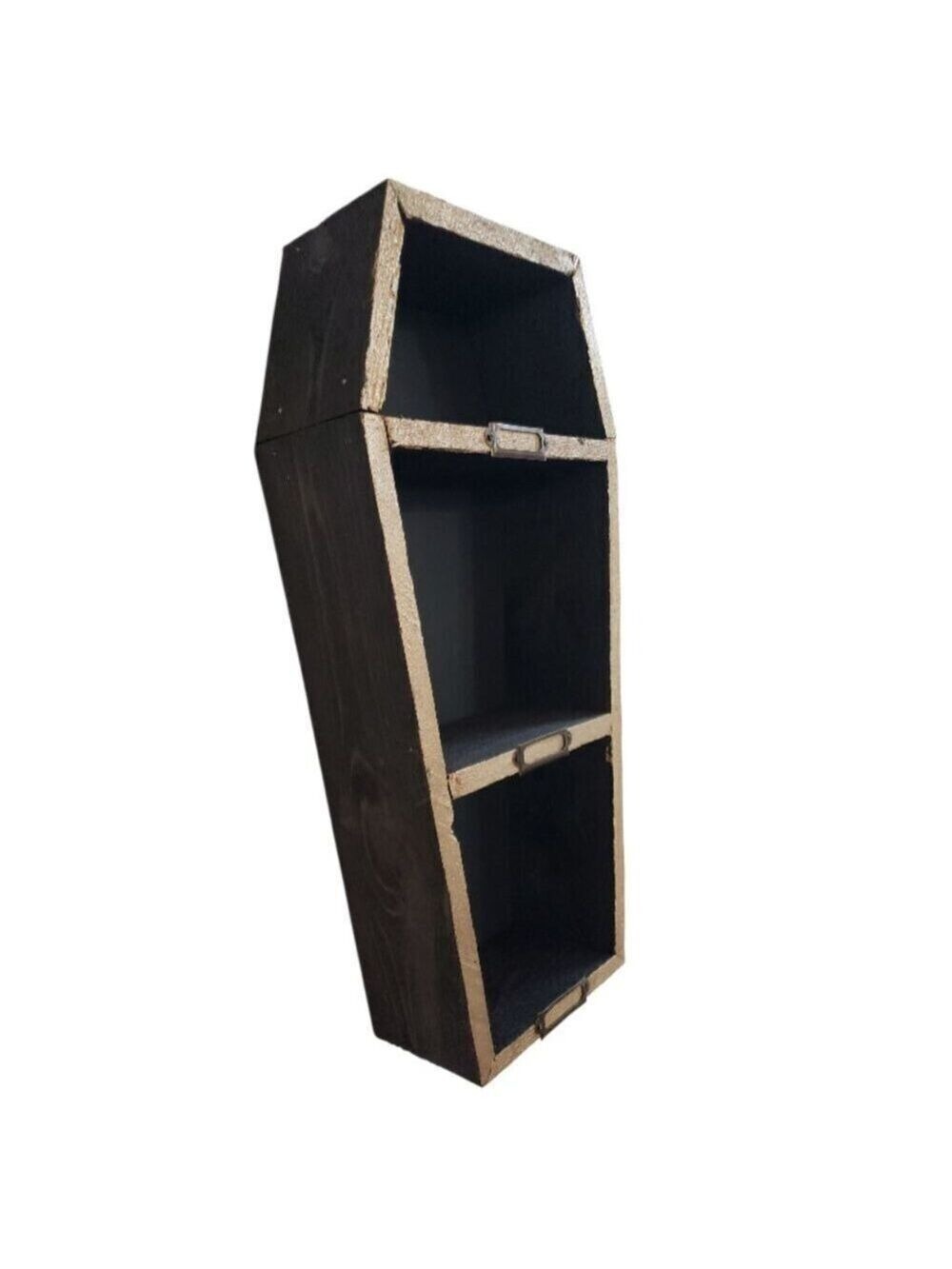 Decorative Black Cedar Coffin Shelf with Gold Trim and Nameplates - Picture 3 of 3